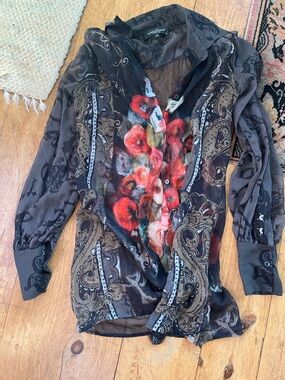 ADELE FADO , Italy Sheer Floral Paisley Button-Front Blouse in Black /Red 44